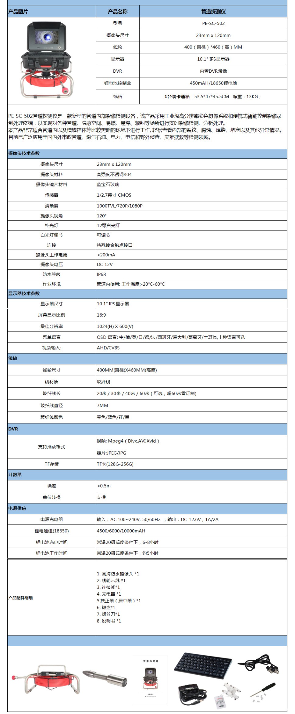 管道检测系统参数